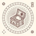 Isolated Print for Shopping Bag. Vector illustration of Magic Boho and Tarot Style. Wooden Chest with Globe and Masonic