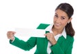 Isolated professional businesswoman in green holding white sign Royalty Free Stock Photo