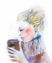 Isolated profile portrait watercolor girl with coffee