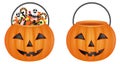 Isolated pumpkin buckets. empty bucket and bucket with halloween candies