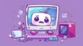 Isolated purple background with cute cartoon character repairing a PC with broken screen, arm, protective glasses, and Royalty Free Stock Photo