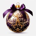 Isolated purple christmas tree ball with luxury golden patterns on white square background Royalty Free Stock Photo