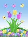 Isolated purple pink and yellow butterfly and easter egg and tulip spring illustration