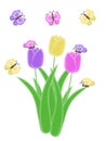 Isolated purple pink and yellow butterfly and tulip spring and easter illustration