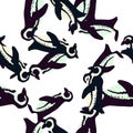Isolated random seamless pattern with doodle penguins silhoettes. White backround. Abstract zoo backdrop