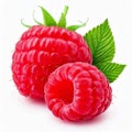 Isolated Raspberries and Strawberries with Leaf on White Background - Whole and Half Side View Royalty Free Stock Photo
