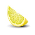 Isolated realistic colored slice of juicy yellow color lemon with shadow on white background.