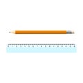 Isolated realistic long orange pencil and blue ruler on white background.