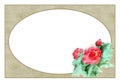 An isolated rectangular frame with watercolor red roses and an internal oval. Golden contour and antique texture.