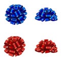 Isolated red and blue bows with gold edging. side and top view
