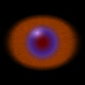 Isolated red blue eye. Monster eye with striped iris and dark elliptic pupil with retina.