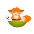 Isolated red cartoon fox cub on white background. Sitting in lotus pose frendly orange fox. Wild animal funny personage do yoga. Royalty Free Stock Photo