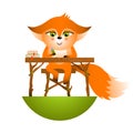 Isolated red cartoon fox cub on white background. Sitting in the school desk frendly orange fox. Wild animal funny personage. Royalty Free Stock Photo