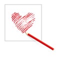 Isolated red heart drawn by colored pencil on sheet of white paper on white background. Hand drawn. Royalty Free Stock Photo