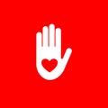 Isolated red heart in white hand vector logo. Like symbol. Give five sign. Help icon. Volunteering illustration. Heart
