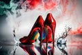 Isolated red heels on white crystal background, rainbow smoke in background, texture, HD background. Royalty Free Stock Photo