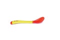 Isolated red and light yellow seamlessly textured feeding plastic spoon for babies