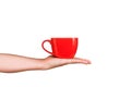 Isolated red mug for coffee, tea in a man& x27;s hand. On a white background Royalty Free Stock Photo