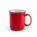 Isolated red mug in striking close up on white background