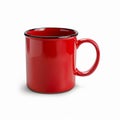 Isolated red mug in striking close up on white background