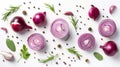 Isolated red onion and spices against a white background, top view Royalty Free Stock Photo