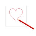 Isolated red outline heart drawn by colored pencil on sheet of white paper on white background. Royalty Free Stock Photo