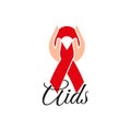 Isolated red ribbon in human hands. Disease awareness. World Aids Day concept. Stop virus icon. International support