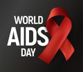 Isolated red ribbon with white text World AIDS Day on grey background, HIV Awareness vector logo, stop AIDS baner. Royalty Free Stock Photo
