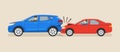 Isolated red sedan car and blue suv car crash. Traffic or road accident.