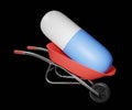 isolated red wheelbarrow with white and blue drug capsule case