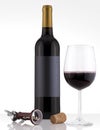 Isolated Red Wine Bottle in a White Background, Black Label and Glass Royalty Free Stock Photo