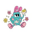 Isolated retro groovy easter egg character. Cute siting mascot with banny ears holding littl chicken. Spring holiday