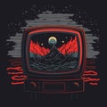 Isolated Retro Line Drawing of a Red Vintage CRT Television and VCR Showing Moonlit Mountains.