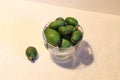 Ripe green feijoa fruits in glass bowl on white background