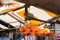 Isolated, ripe oranges seen above a orange juice press located in a market stall.