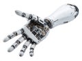 Isolated robotic arm, humanoid design, advanced technology, metallic components, circuitry, articulated joints, dexterity, silver Royalty Free Stock Photo