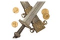 Isolated Roman Empire Dagger and Denarii Coin Replicas Royalty Free Stock Photo