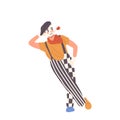 Isolated romantic mime french artist cartoon male character flirting holding red rose in mouth