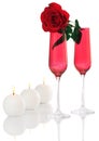 Isolated; Romantic Red Champagne Flutes with Rose