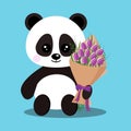 Isolated romantic sweet cute baby panda bear in sitting pose with bouquet