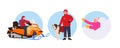 Isolated round icon composition set with brave winter rescuer man and skier victim characters