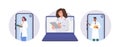 Isolated round icon composition set with happy doctor giving online consultation, web diagnosis