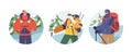 Isolated Round Icons or Avatars with Adventurous Winter Hikers or Mountain Climber Characters With Backpacks and Gear