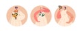 Isolated Round Icons Or Avatars With Beautiful Brides Wear Elegant Outfits For Wedding Ceremony. Female Characters