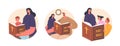 Isolated Round Icons or Avatars with Devoted Christian Family Gathered, Reading Bible With Reverence Vector Illustration