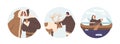 Isolated Round Icons or Avatars of Eskimos Riding Boat, Greeting each other with Nose-to-nose Touch, Caress Reindeer