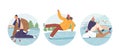 Isolated Round Icons Or Avatars With Male And Female Characters Falling On Ice Rink, Getting Trauma. Vector Illustration Royalty Free Stock Photo