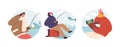 Isolated Round Icons or Avatars with Male Female Characters Fishing Frozen Lake. Men and Women Patiently Await Catch