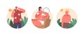 Isolated Round Icons Or Avatars With Sunburned Characters Man, Woman And Little Boy Have Red, Painful Skin