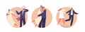 Isolated Round Icons Or Avatars Of Wedding Couples, Bride Escape From Confused Groom During Ceremony Vector Illustration